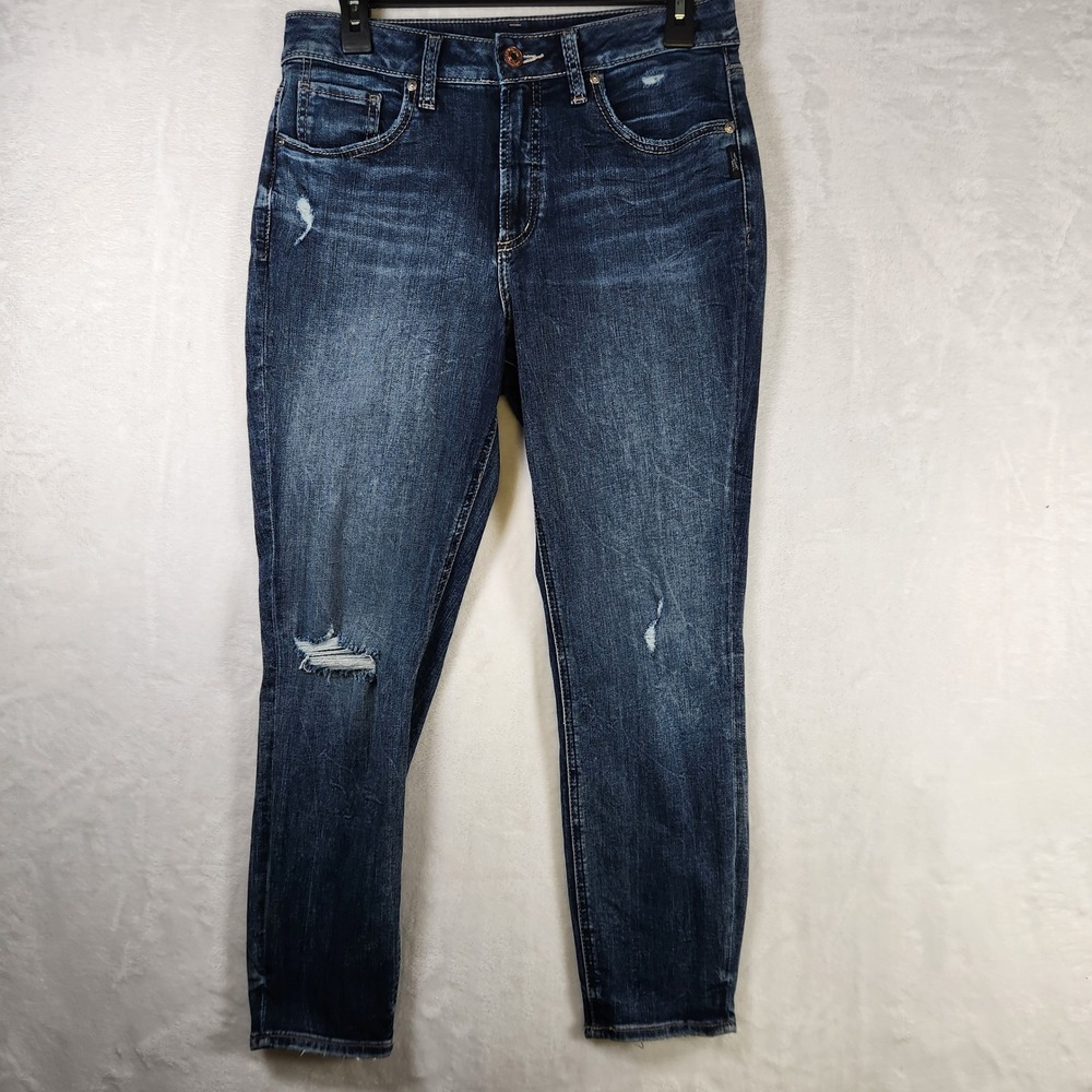 Silver Jeans Avery Skinny Crop Distressed Dark Wash Denim Jeans